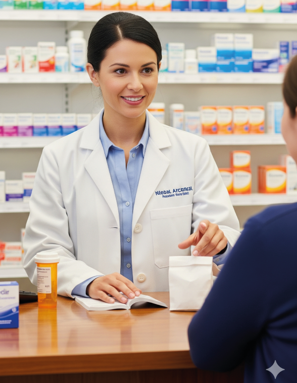 Una farmacéutica atendiendo a un paciente.
