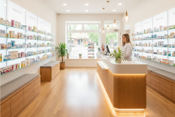 Foto de una farmacia con la farmacéutica tras el mostrador.